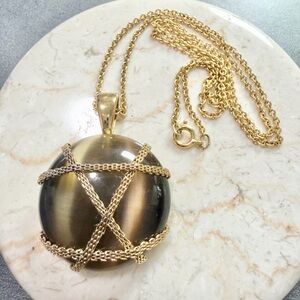 Vintage RMN Gold-Tone Caged Tiger's Eye Pendant Necklace Elegant Women's Jewelry